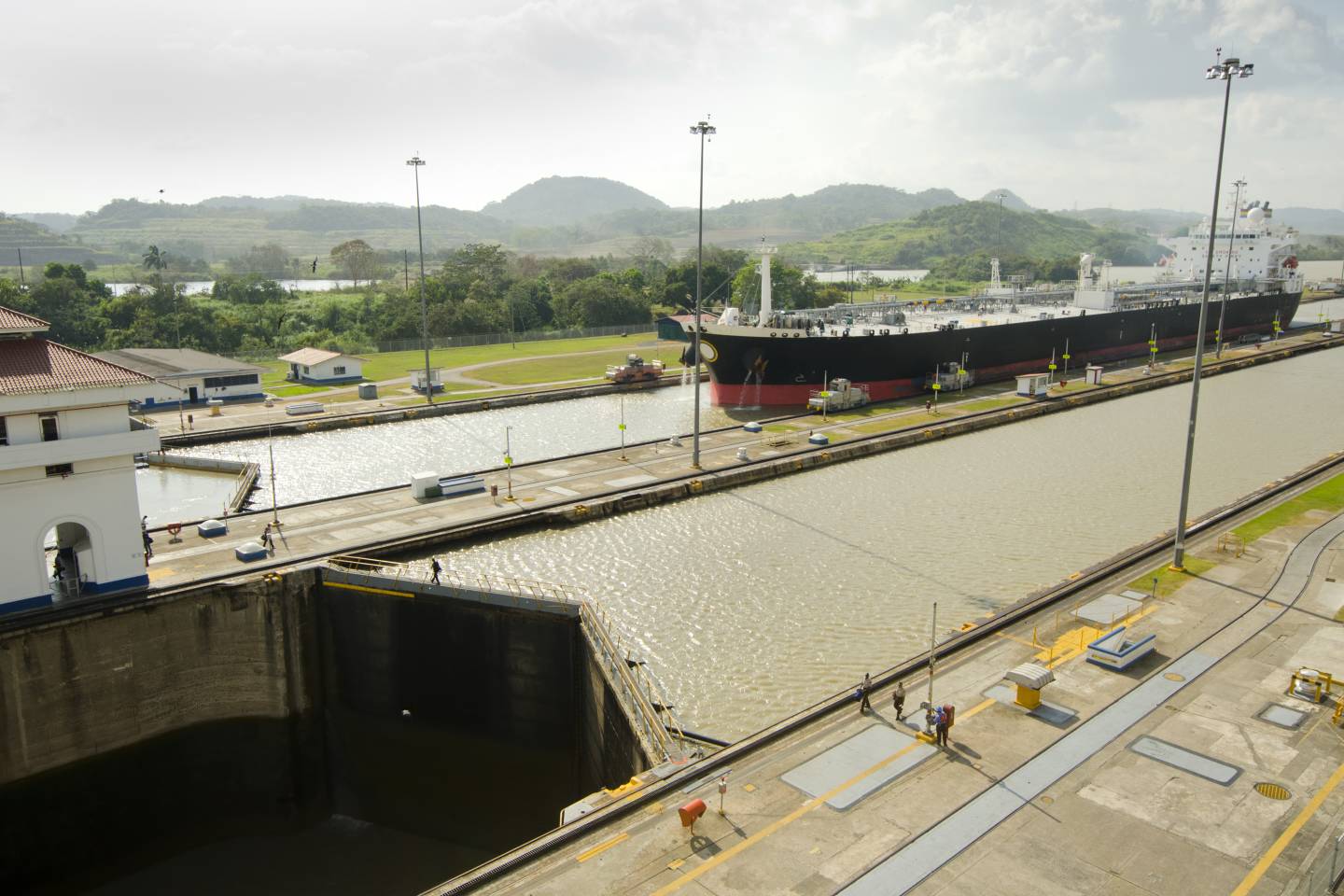 Ship entering Panama Canal, Miraflores Locks