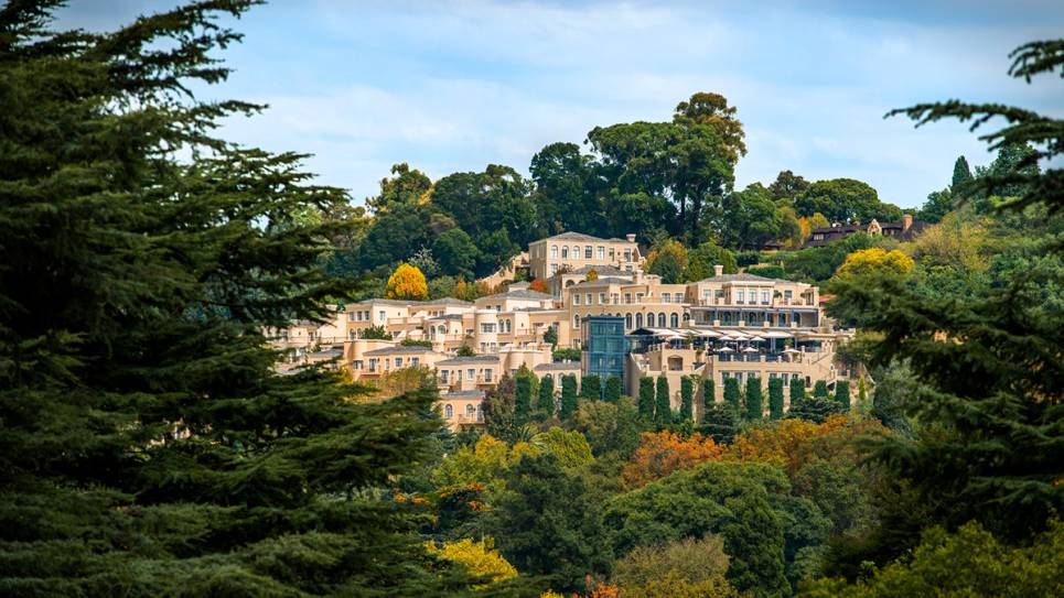 hotel tucked into wooded hillside