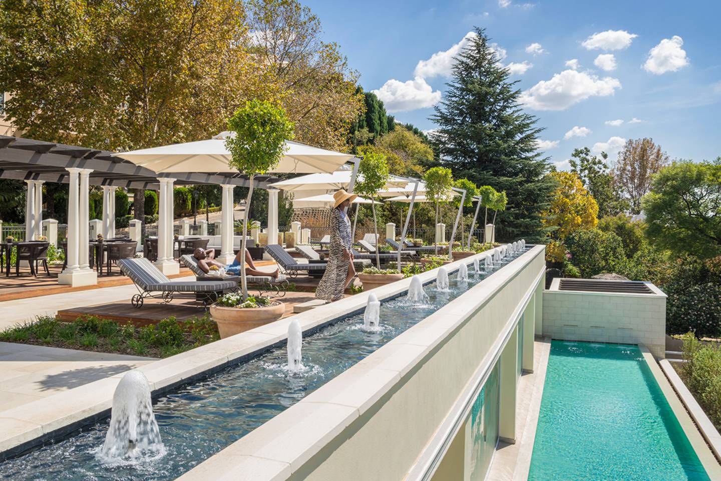 tiered pool and fountains