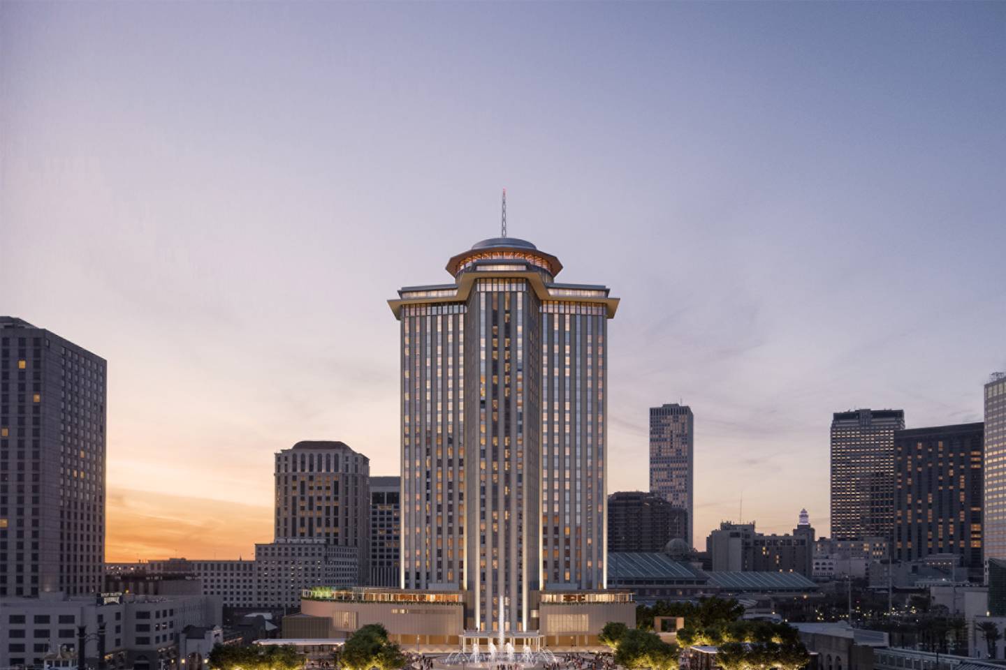 tall hotel building at sunset