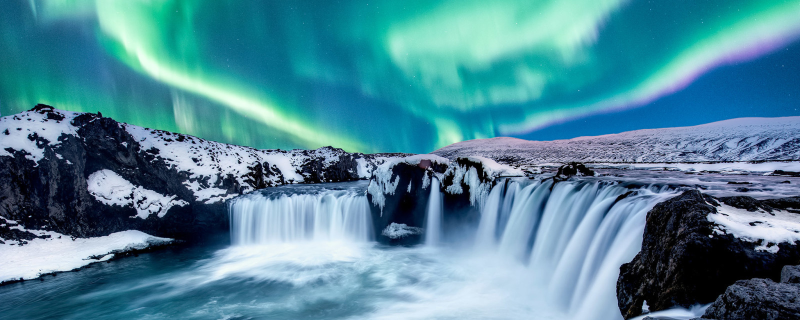 Northern lights, waterfall, Iceland