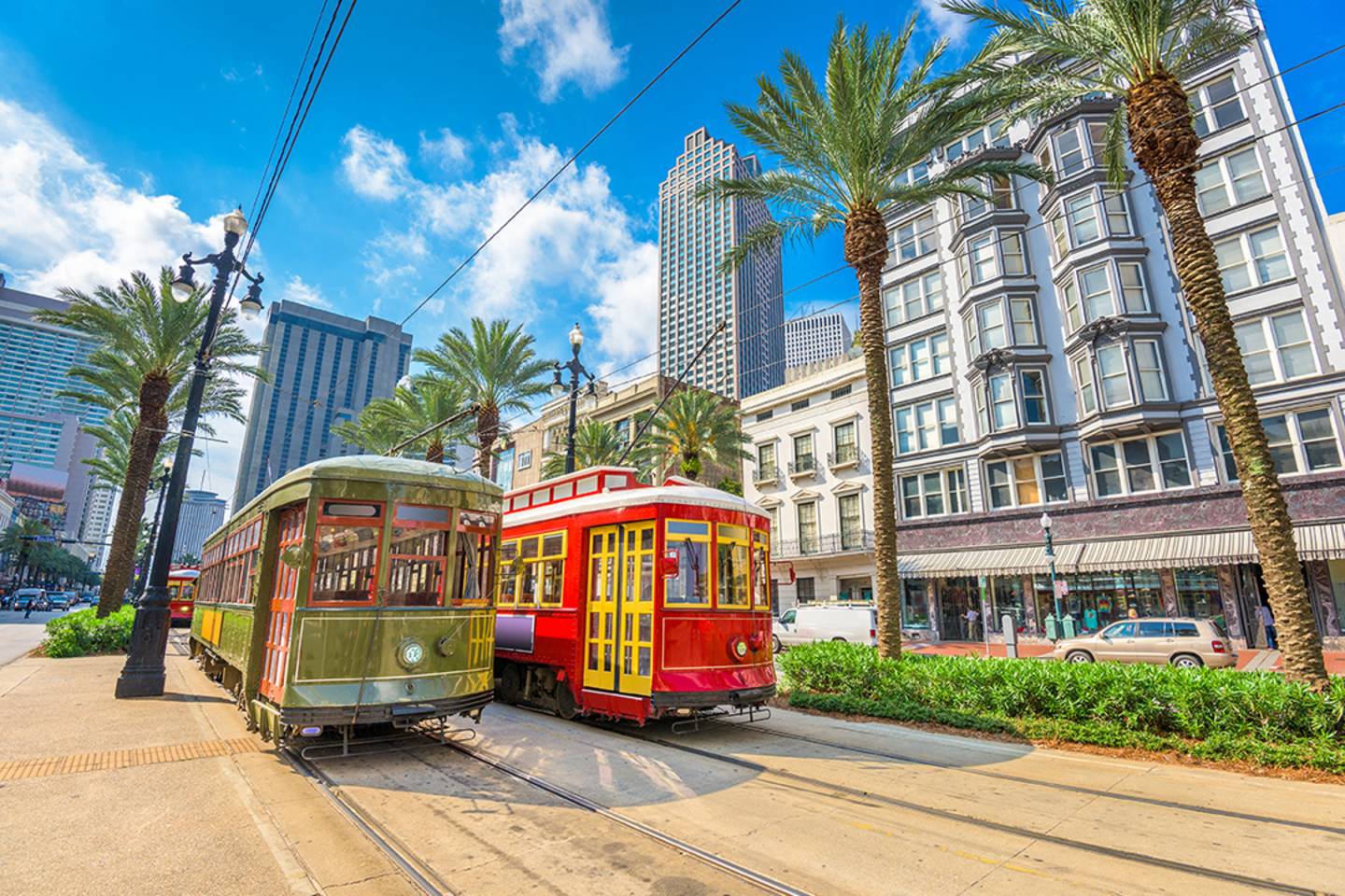 two streetcars on sunny day